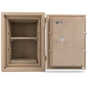 Front view of an opened UL two hour fire and impact safe with two compartments