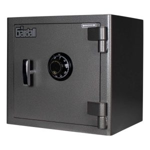 Front view of a closed b-rated money chest utility safe