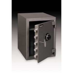 Front and side view of a half-opened b-rated money chest utility safe