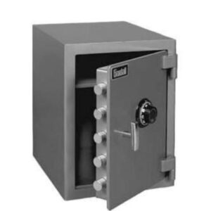 Front view of a half-opened b-rated money chest utility safe