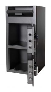 Front view of an opened heavy duty dual door deposit safe