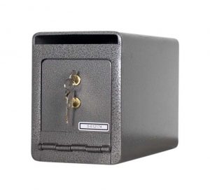 Front view of a closed b-rated under-counter depository safe