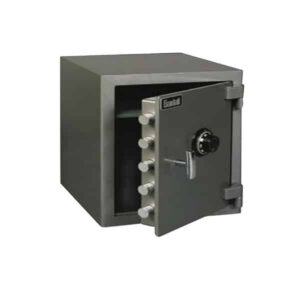 Front view of a half-opened b-rated money chest utility safe